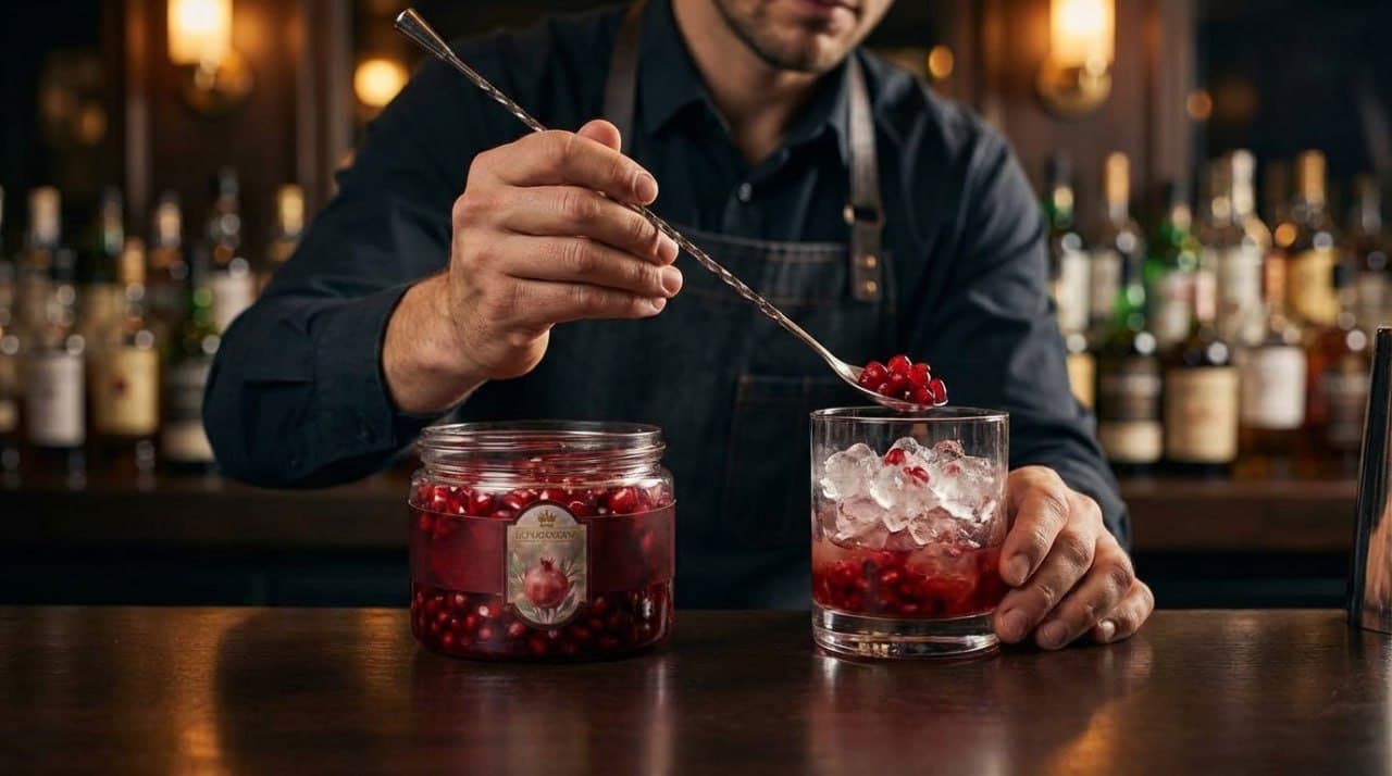 Bartender crafting cocktails with Königskerne pomegranate arils